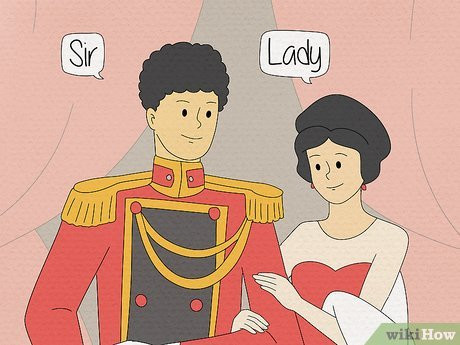A man and a woman dressed like royalty. There are bubbles above them that say "Sir" and "Lady."
